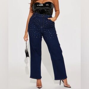 Sparkle And Shine Stretch Straight Leg Jeans - Dark Wash & Studded size 14